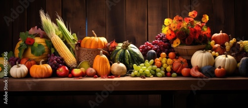 Autumnal harvest feast with a cornucopia of fruits and vegetables on a wooden surface.