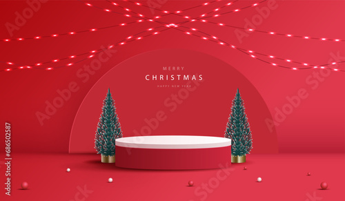 Podium shape for show cosmetic product display for christmas day or new years. stand product showcase on red background with tree christmas, golden ball and light. vector design.