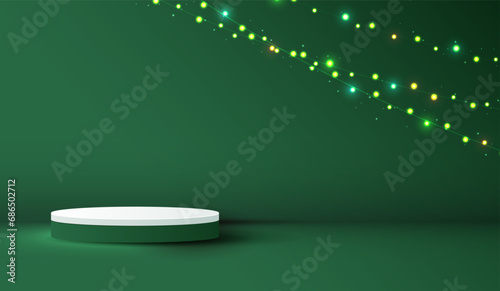 Podium shape for show cosmetic product display for christmas day or new years. stand product showcase on green background and light. vector design.