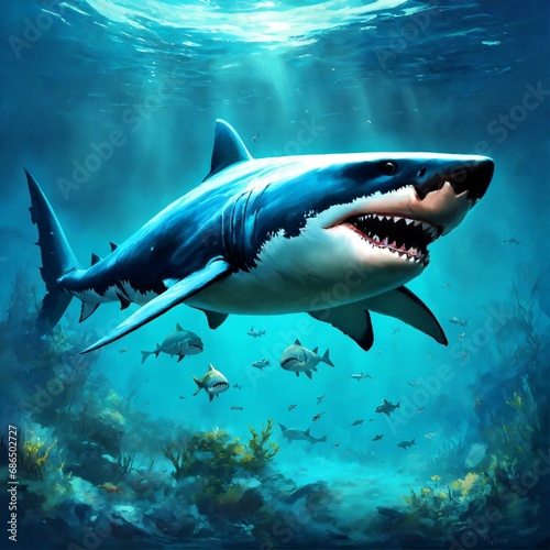 concept art of a megalodon shark, blind, full of scars, oil painting style, highly detailed, brush strokes, 8k