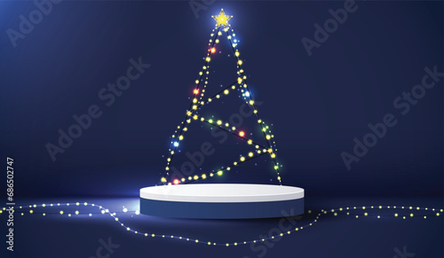 Podium shape for show cosmetic product display for Christmas day or New Years. Stand product showcase on blue background with light tree christmas. vector design.