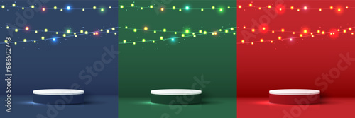 Set podium shape for show cosmetic product display for christmas day or new years. stand product showcase with light christmas. vector design.