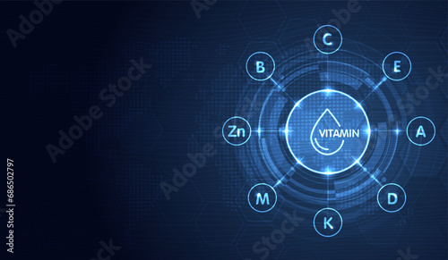 Fototapeta Naklejka Na Ścianę i Meble -  Multivitamin of vitamin C, E, A, D, K, M, Zn and B. inspiration protect the body and stay healthy, vitamins icon concept. natural food supplement advertising illustration. vector design.