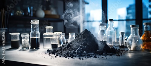 Carbon charcoal powder observed in chemical labware on a lab table. photo