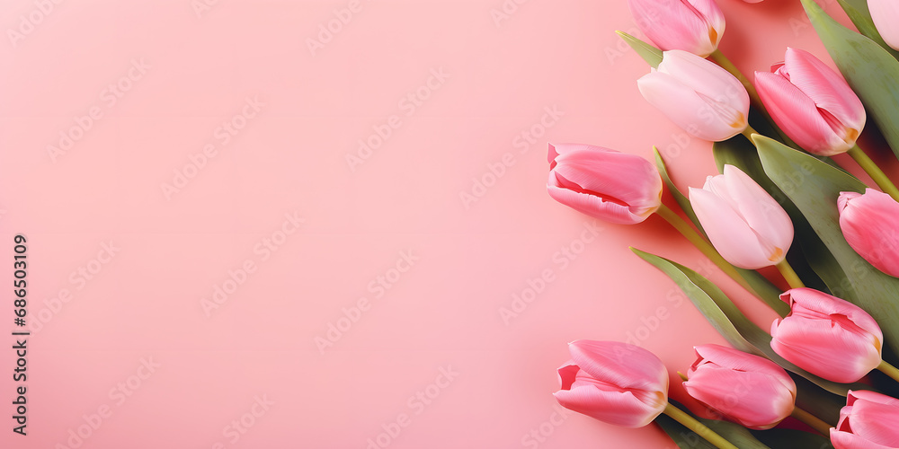 A beautiful composition of spring flowers. A bouquet of pink tulip flowers on a pastel pink background. Valentine's day, Easter, birthdays, women's day, mothers day. Flat lay, view from the top