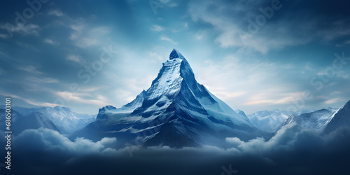 a view of a mountain range from above the clouds in the daytime sky with a blue sky and white clouds in the foreground, and a blue sky with a few white clouds. generative ai