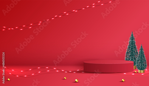 Podium shape for show cosmetic product display for christmas day or new years. stand product showcase on red background with tree christmas, golden ball and light. vector design.