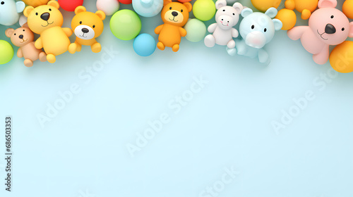 Baby kids toy frame background. Teddy bears, colorful wooden educational, sensory, sorting and stacking toys for children on light blue background. Top view 3d rendering. generative ai.