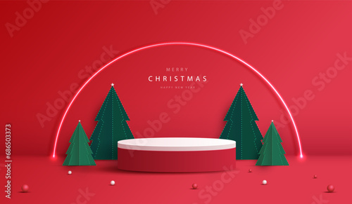 Podium shape for show cosmetic product display for christmas day or new years. stand product showcase on red background with tree christmas, golden ball and light. vector design.