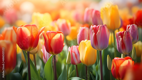 The beauty of a spring tulip colony  bathed in the soft glow of morning sunlight. Generative Ai