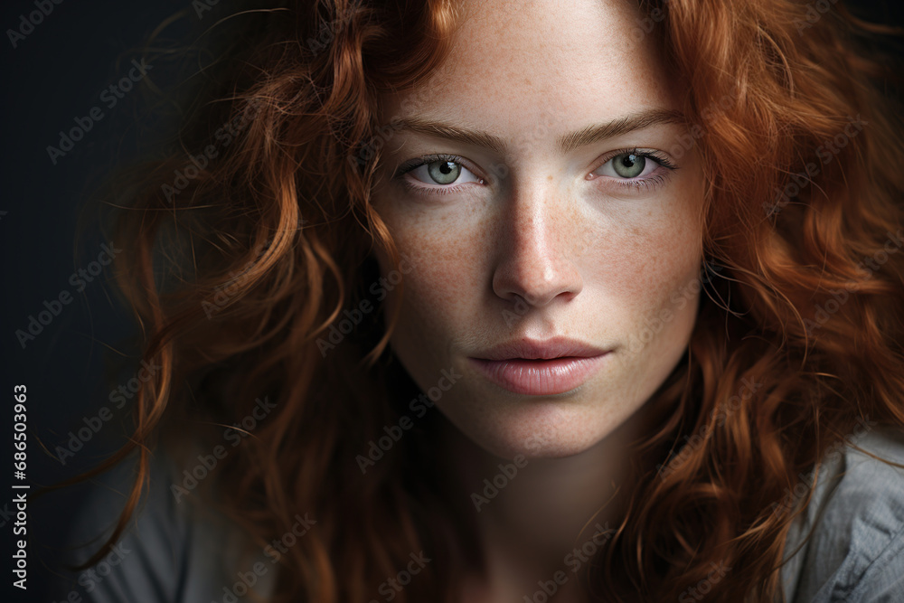 Portrait of a woman emotion hope. Beautiful pretty red-haired young woman with freckles looking at camera Portrait of a woman emotion hope. Beautiful pretty red-haired young woman with freckles looking at camera