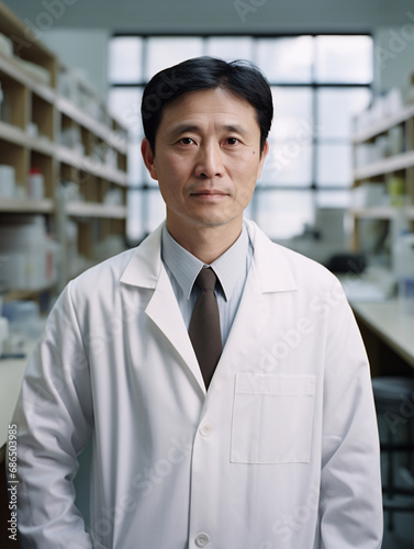 A middle age Chinese male doctor looks at the camera in a hospital laboratory, full-body portrait, natural features