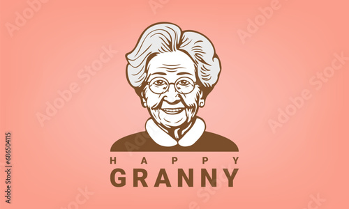 Vector graphic simple portrait of a cute beautiful happy smiling gray-haired granny in glasses on a delicate peach background. Logo, emblem or sticker.