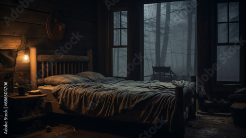 A cozy rustic cabin bedroom with a messy bed and a misty window with foggy dark forest outside, somber, mysterious, solitude, cabin, foggy, introspective, melancholic photo