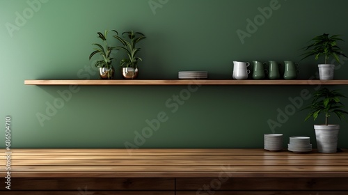 Kitchen room with green wall paneling and a wooden shelf