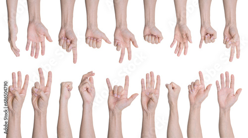 Collection of man hands gestures Isolated on transparent background