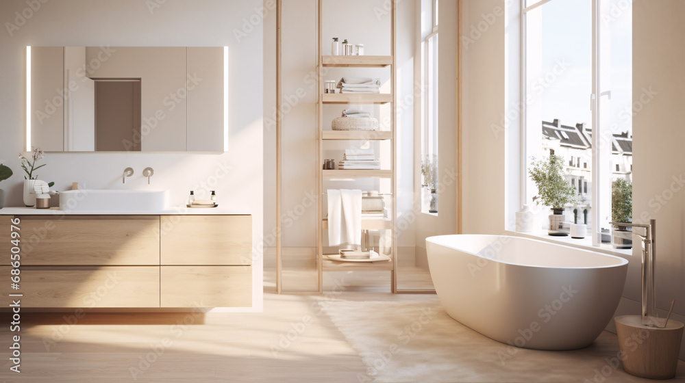 A minimalist apartment modern bathroom with bathtub mirror and cabinets in natural earthy color palette, light yellow and light indigo A minimalist apartment modern bathroom with bathtub mirror and cabinets in natural earthy color palette, light yellow and light indigo