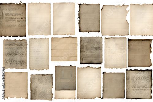 paper collage backgrounds made of antique documents with handwriting and book pages, neutral colors, ideal for ATC, mail art, journal. generative ai.