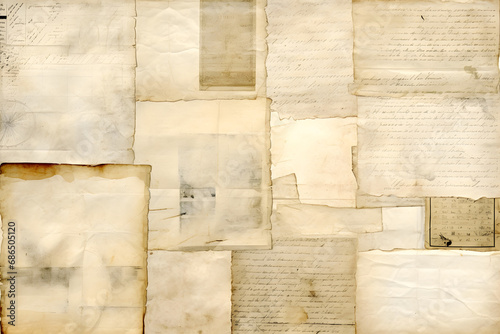  paper collage backgrounds made of antique documents with handwriting and book pages, neutral colors, ideal for ATC, mail art, journal. generative ai.