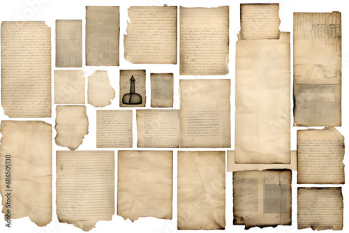  paper collage backgrounds made of antique documents with handwriting and book pages, neutral colors, ideal for ATC, mail art, journal. generative ai.