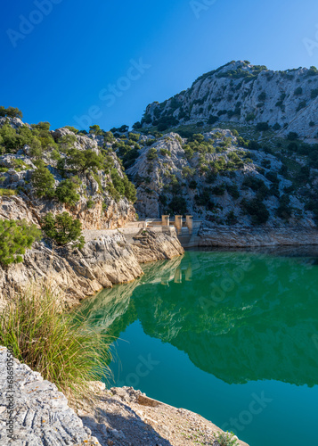 A small lake, Torrent de Gorg Blau, located among the rocks in Mallorca, Spain.
