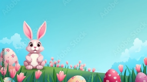 Easter card with bunny and Easter eggs on the grass on a blue background. Happy Easter. Copy space