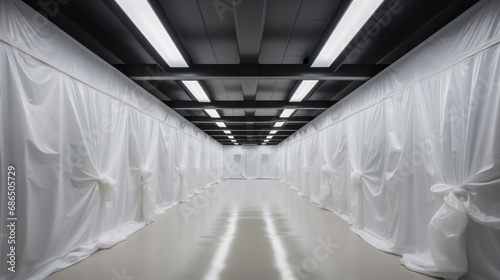 Modern industrial hall draped in white fabric with contrasting black ceiling and linear lighting. Design contrast concept. Generative AI
