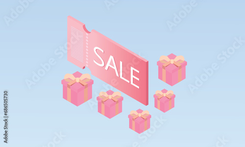3d minimal coupons,vouchers have a sale sign with gift boxes. Benefits coupon in present box, benefit shopping holiday surprise bonus offer discount voucher. on pastel background