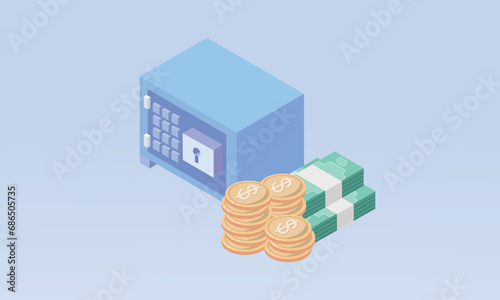 3d minimal blue vault or Safe box, stacks of coins in minimal style,Concept for saving, keeping money, bank, storage, secured. on pastel background © K