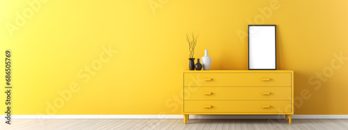 Vibrant yellow wall with modern dresser and blank picture frame. Generative AI photo