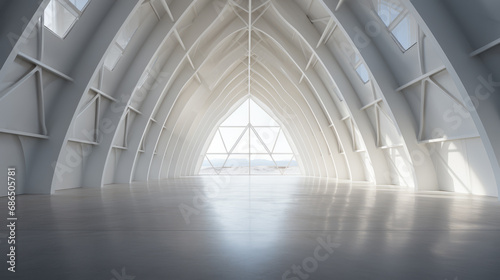 Minimalist white corridor with intricate geometric shapes and natural light. Futuristic design concept. Generative AI