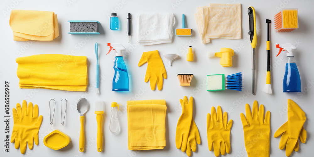 cleaning with rubber gloves set concept - obrazy, fototapety, plakaty 