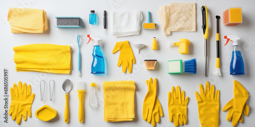cleaning with rubber gloves set concept photo