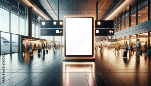 Airport terminal with a blank billboard, busy atmosphere. International travel advertising concept. Generative AI photo