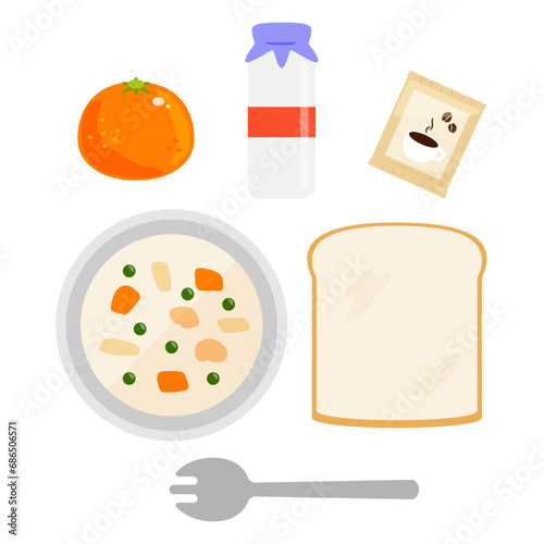 クリームシチューや食パン、昭和のレトロな給食のベクターイラストセット。