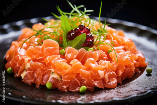 Salmon tartare, food market, photorealistic, close-up shot, food photography