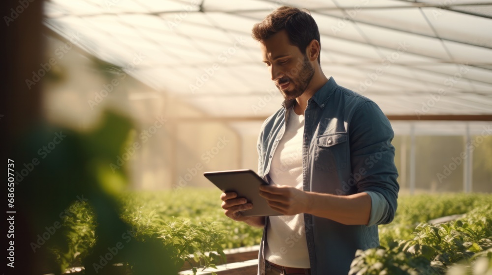 Naklejka premium Thinking farmer with digital tablet checking sustainable farming growth, progress or preparing farm export order on tech, agricultural, working, technology, nature