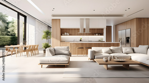 A modern minimalist home interior design with clean lines, sleek furniture, and neutral color palette, featuring an open-concept living space connected to a spacious kitchen, bathed in. generative ai. © raza
