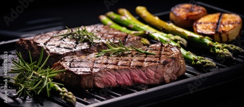 Close-up presentation of dry-aged wagyu rib-eye beef steaks on black cast iron tray, accompanied by asparagus and charred onions.