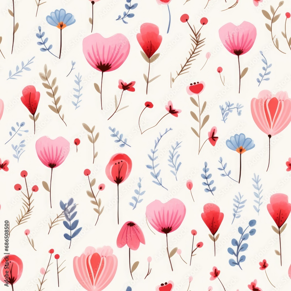 seamless pattern of wild flowers. Print for fabric, wrapping paper design. Simple natural background. Postcard. White background. Retro style seamless pattern of wild flowers. Print for fabric, wrapping paper design. Simple natural background. Postcard. White background. Retro style