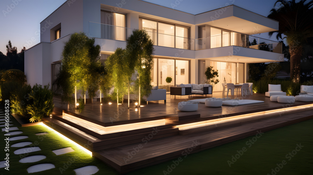 Beautiful home exterior in evening with glowing interior lights and landscaping. generative ai.