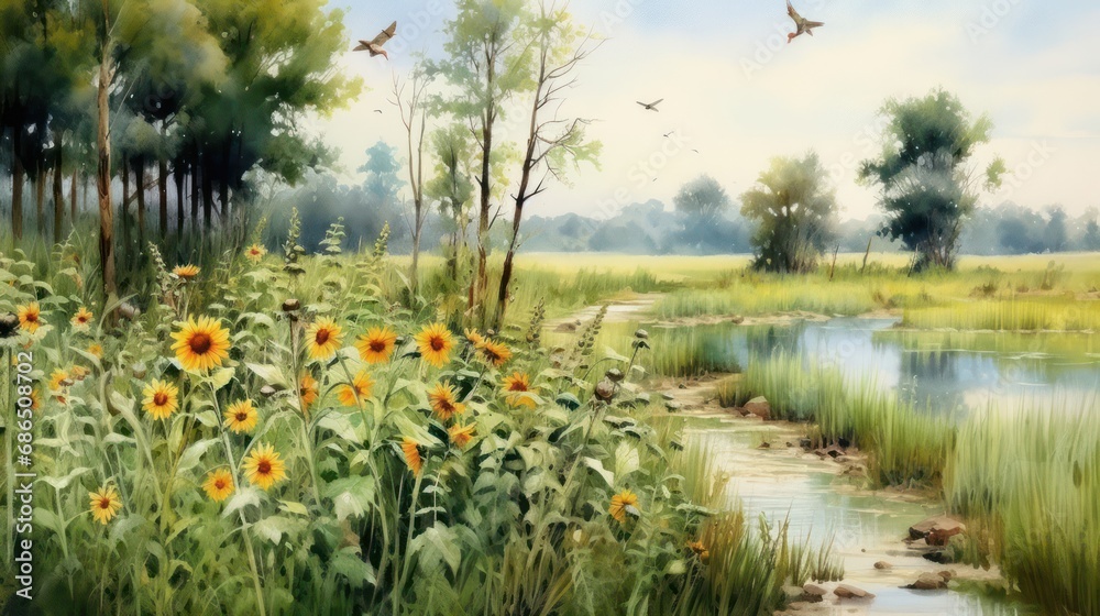 Fototapeta premium A stunning watercolor painting capturing the beauty of a wild landscape with tall green grass, swamps, untamed flora, sunflowers, and wildflowers.