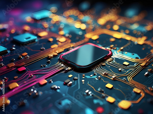 Printed circuit board futuristic server/Circuit board futuristic server code processing.  technology background with bokeh. Generation by AI