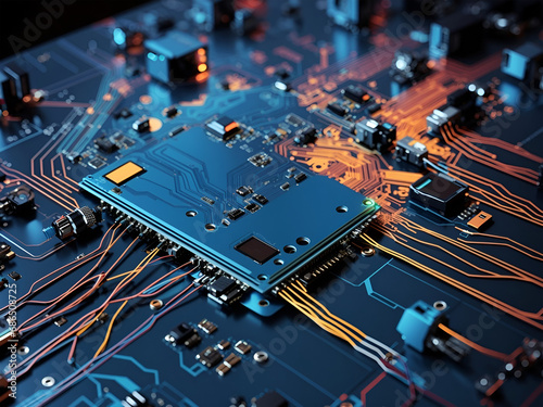 Printed circuit board futuristic server/Circuit board futuristic server code processing.  technology background with bokeh. Generation by AI