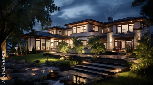 Beautiful home exterior in evening with glowing interior lights and landscaping. generative ai. © raza