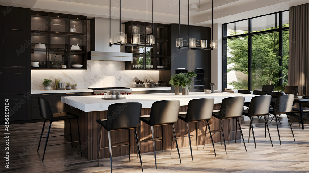 Beautiful kitchen in luxury modern contemporary home interior with island and chairs. generative ai.