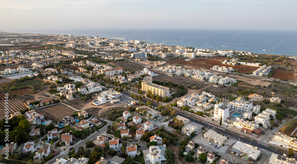 Drone aerial top view of holiday resort town. Protaras city. Summer vacation place. Cyprus Europe