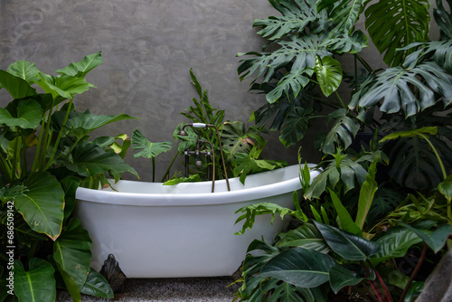 Contemporary bathroom with plenty of greenery tropical rainforest plant around bathtub for natural style interior design decoration