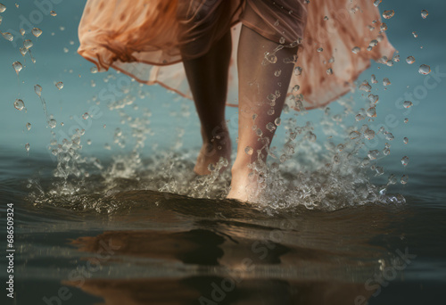 Low angle view shot of dip a toe in water, a woman foots walking on water 