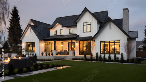 Beautiful modern farmhouse style luxury home exterior at twilight. generative ai. photo